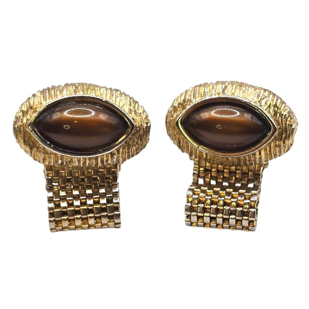 Vintage Swank Cufflinks Marquise Cut Tigers Eye MCM Gold Tone Mesh Wrap Around